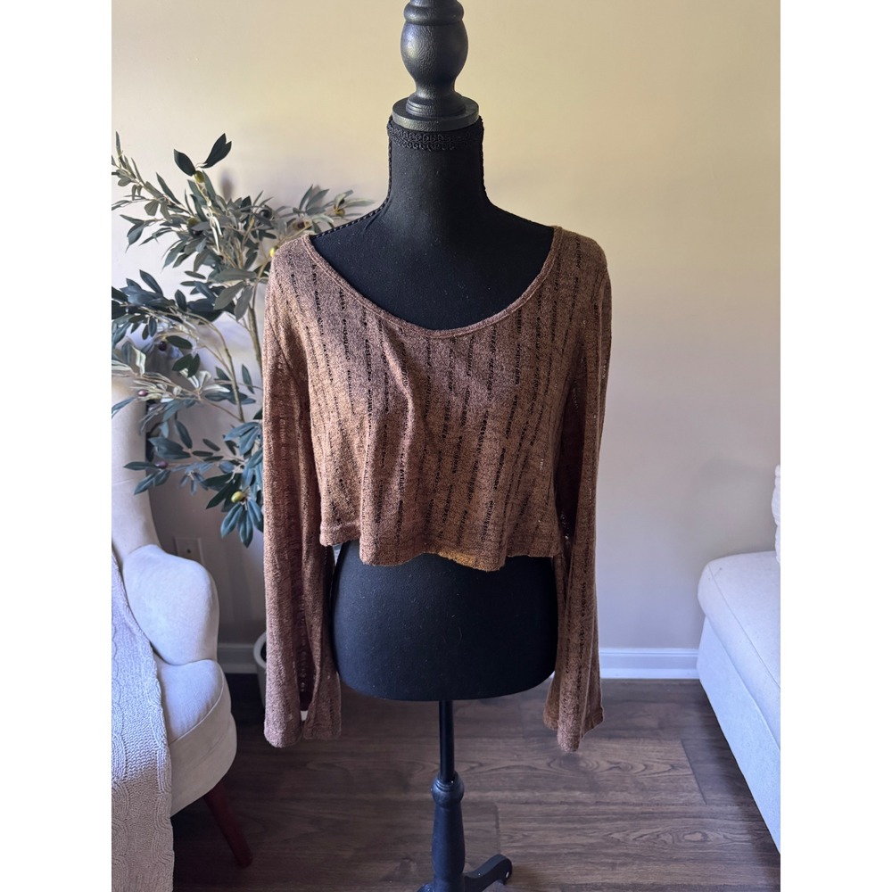 Cider Brown Open Knit Crop Top Long Sleeve Scoop Neck Pointelle Medium